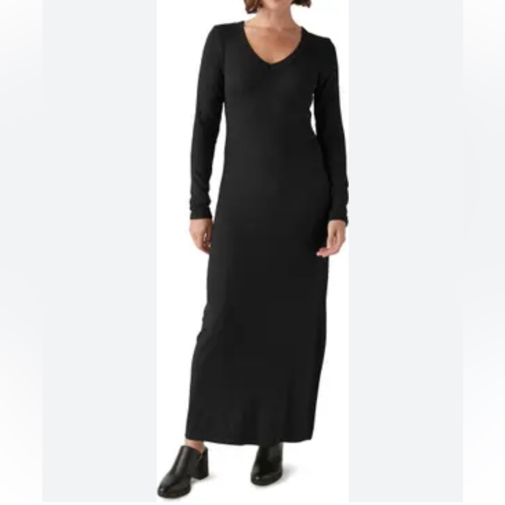 Eileen Fisher Black Long Sleeve V-Neck Maxi Dress